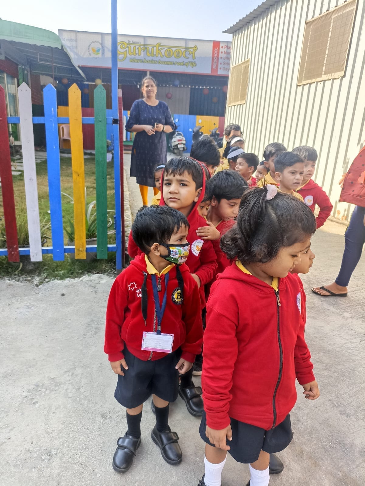 Students safely dispersing from Dr. Kamna's Gurukool Preschool at the end of the day.