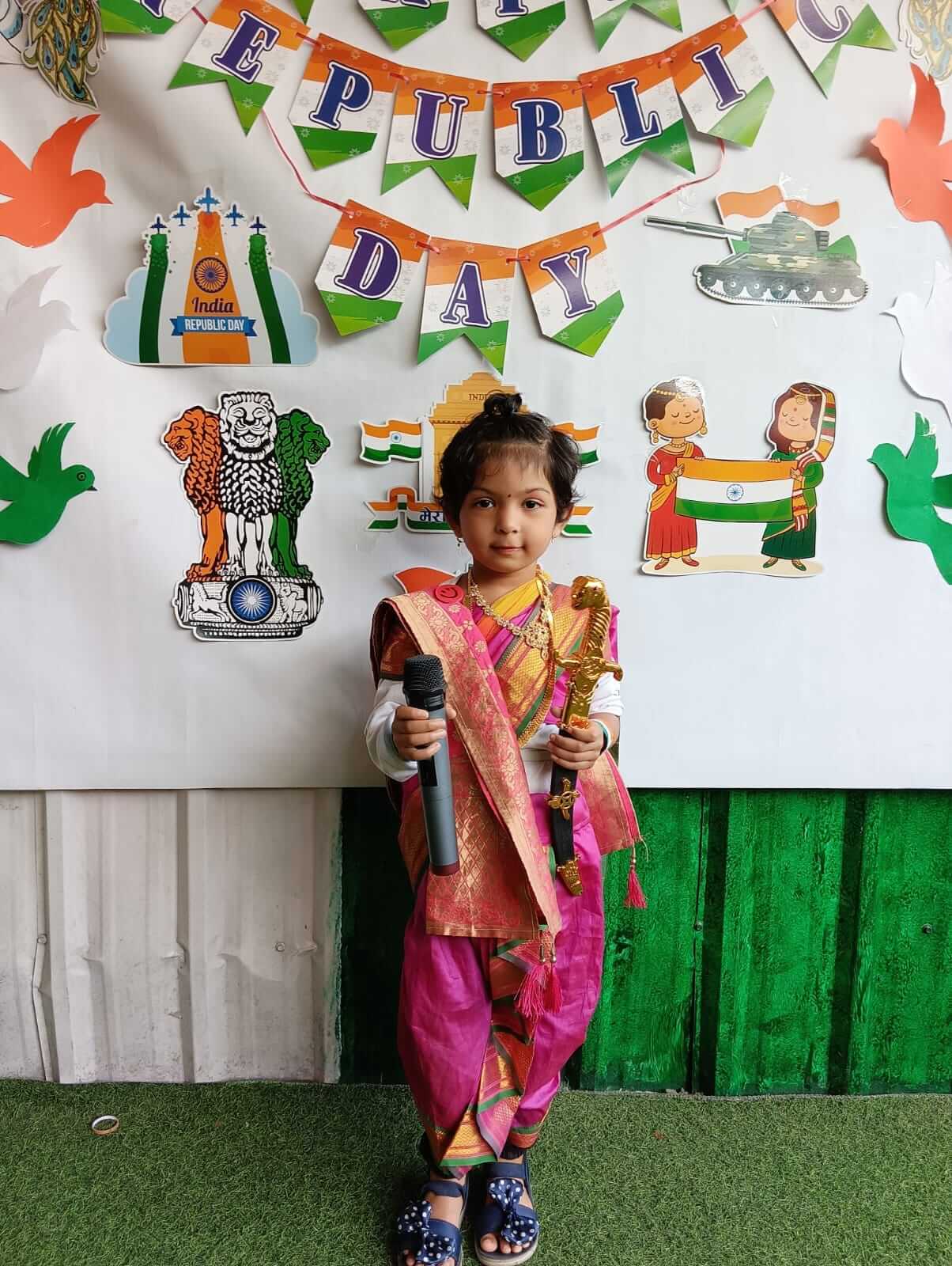 Students and teachers at Dr. Kamna's Gurukool Preschool celebrating Republic Day with patriotic fervor.