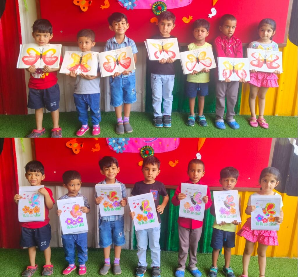 A group of children engaged in various activities, such as art, music, and play, with a teacher providing individualized attention at preschool in Hinjawadi.